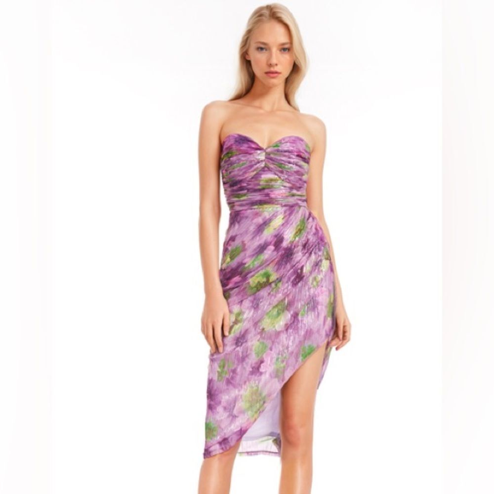 NEW Badgley Mischka Metallic Floral Strapless Mesh Dress Size 2